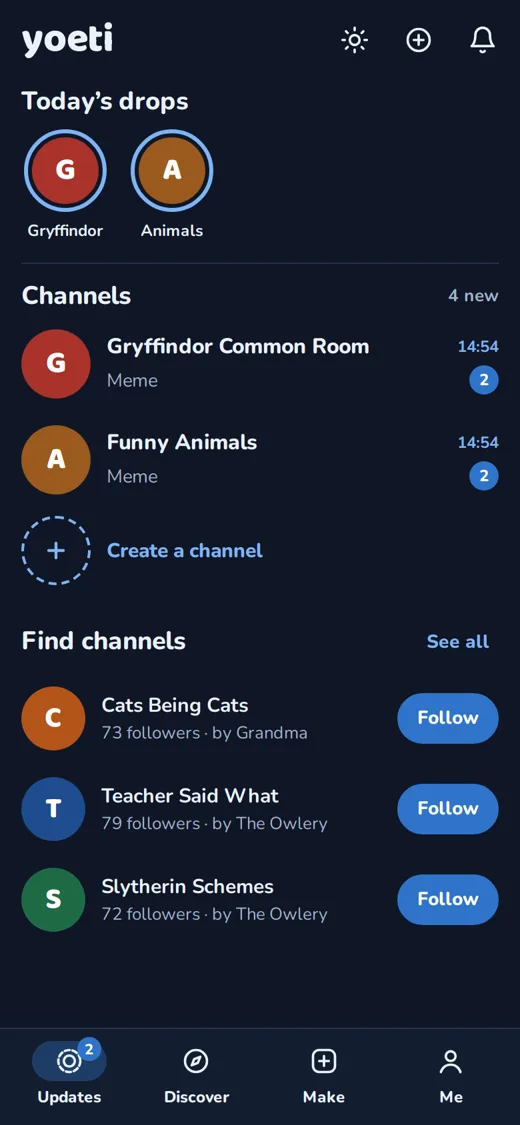Yoeti's Updates screen: today's meme drops and followed channels